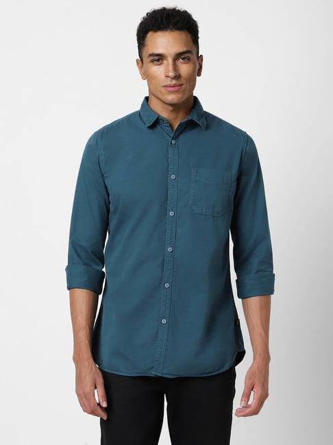 van heusen denim labs teal green cotton slim fit shirt