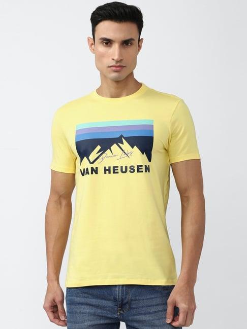 van heusen denim labs yellow cotton regular fit printed t-shirt