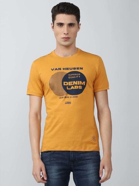 van heusen denim labs yellow cotton regular fit printed t-shirts