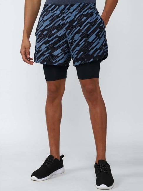 van heusen flex black & blue regular fit printed shorts