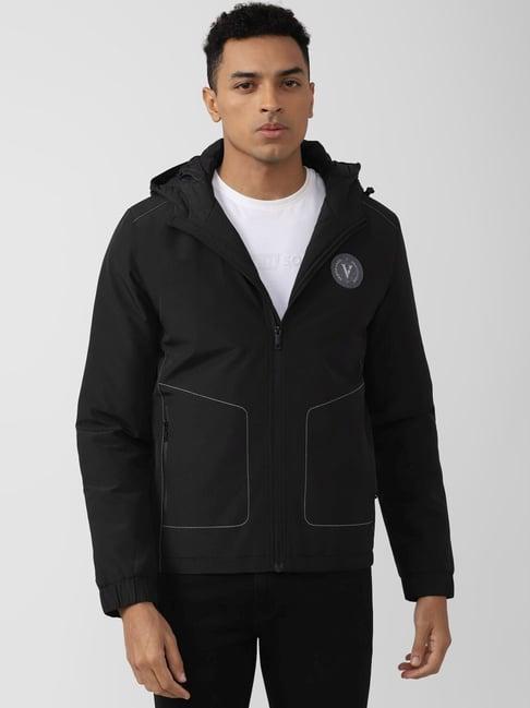 van heusen flex black regular fit printed hooded jacket