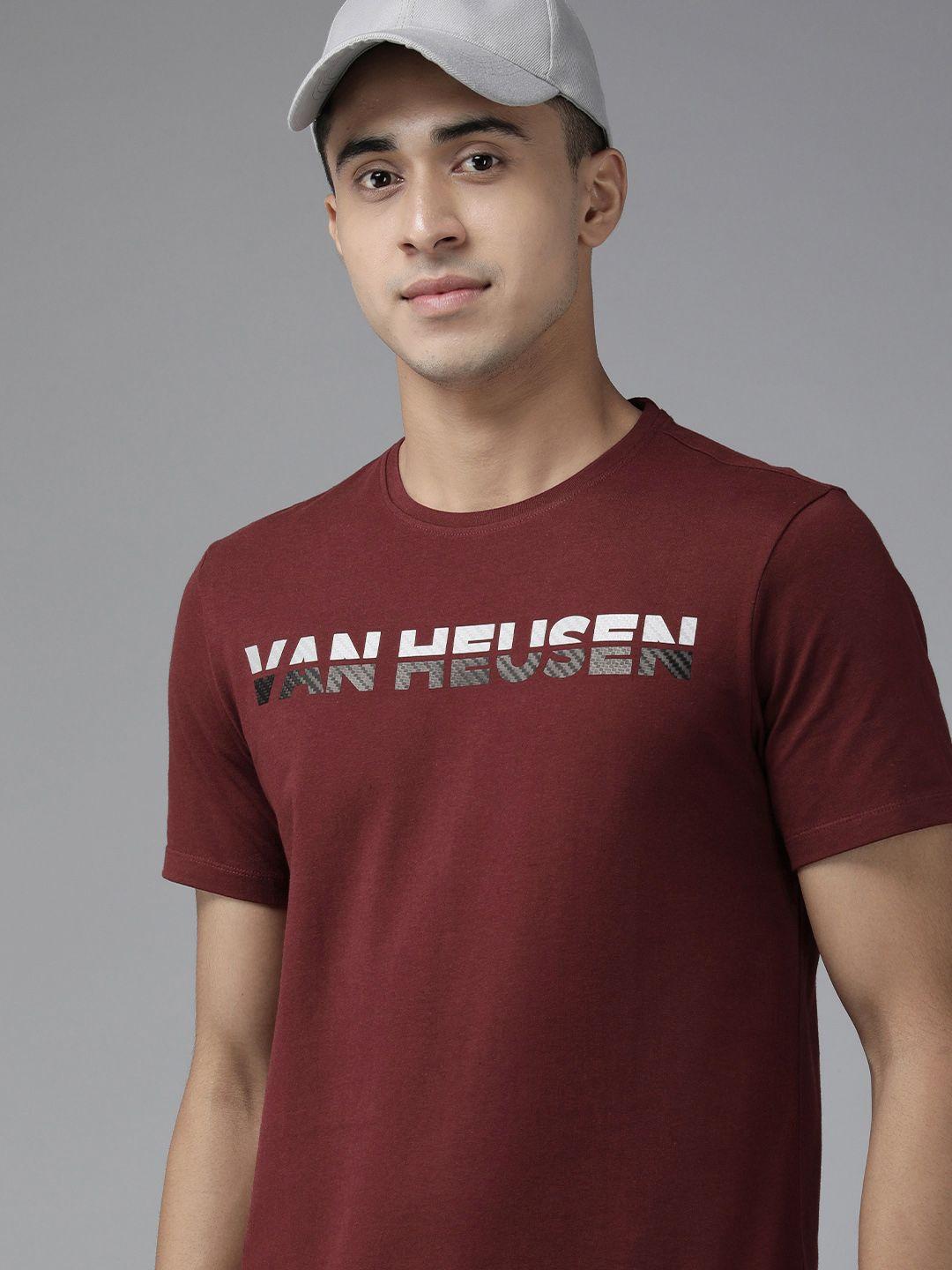 van heusen flex men maroon brand logo printed slim fit t-shirt