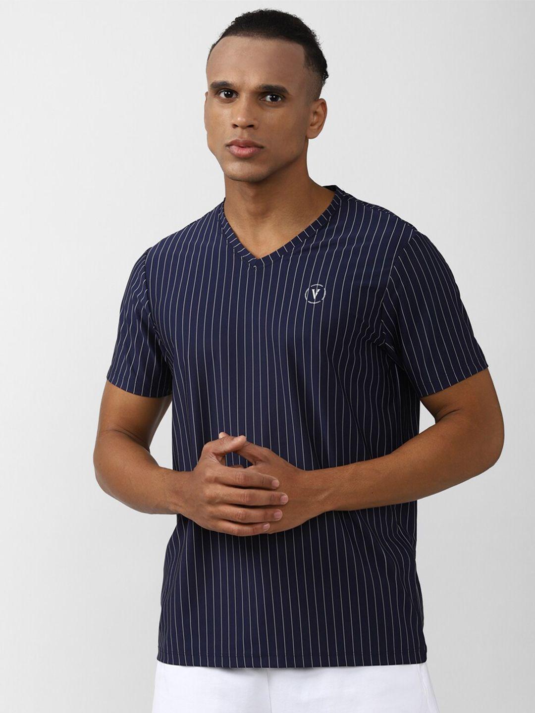 van heusen flex men navy blue & white striped v-neck slim fit t-shirt