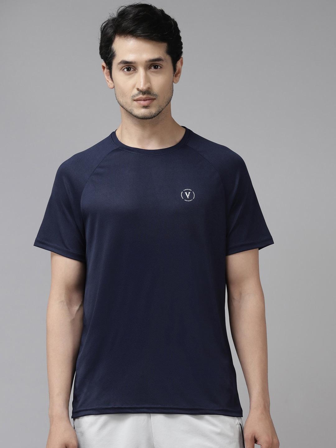 van heusen flex men navy blue solid active fit raglan sleeves mesh detail t-shirt