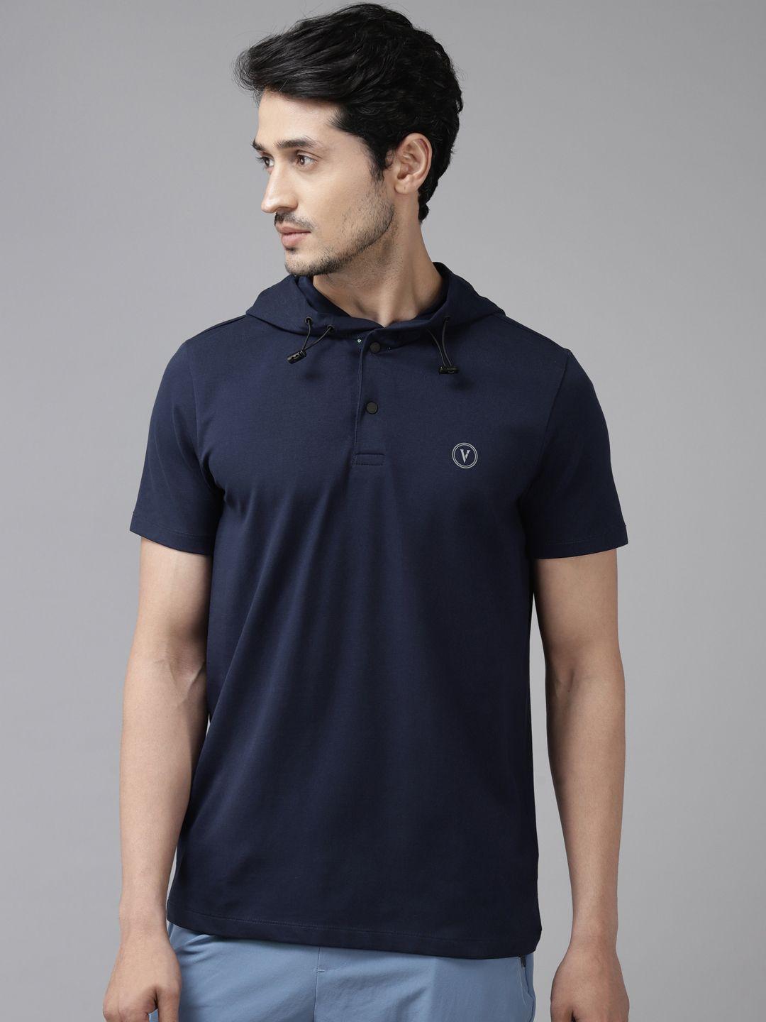 van heusen flex men navy blue solid hooded active fit t-shirt