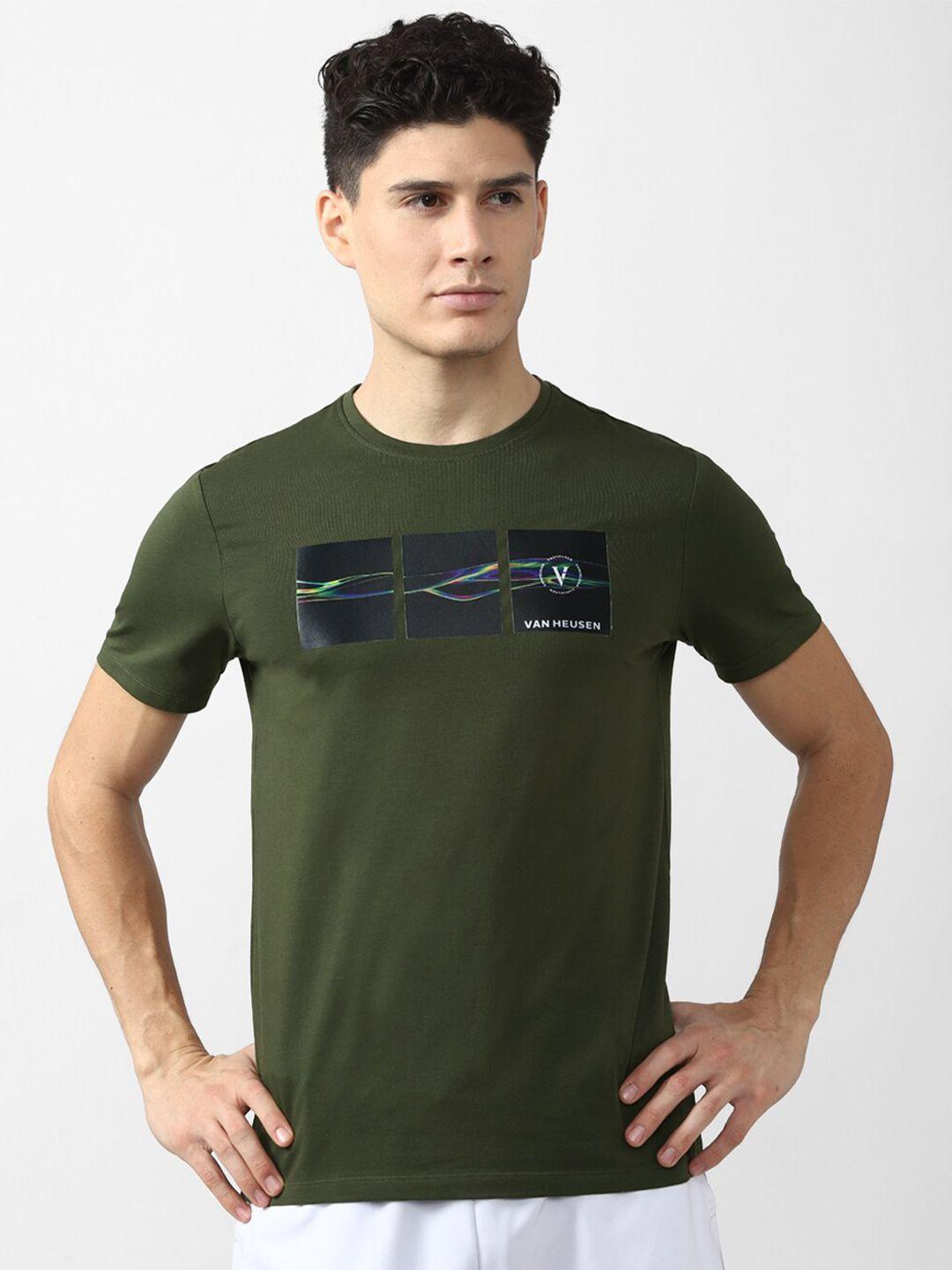 van heusen flex men olive green printed slim fit t-shirt