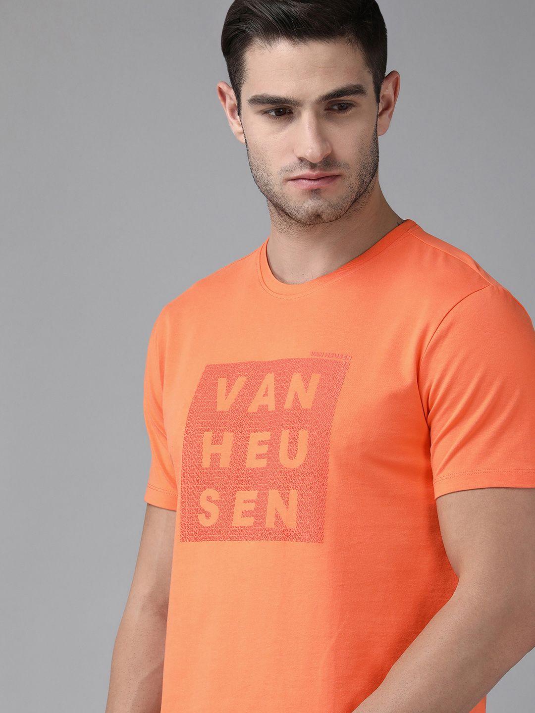 van heusen flex men orange brand logo printed slim fit t-shirt
