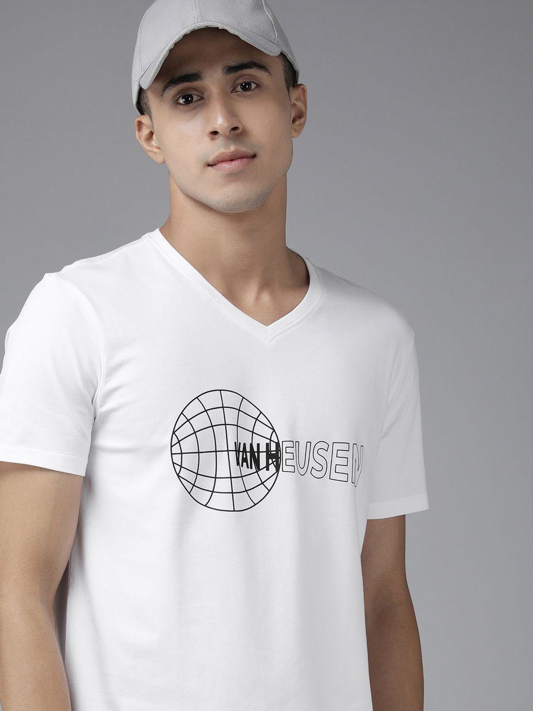 van heusen flex men white brand logo printed v-neck slim fit t-shirt