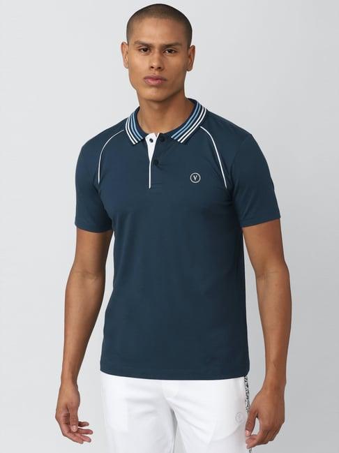 van heusen flex navy blue cotton regular fit striped polo t-shirt