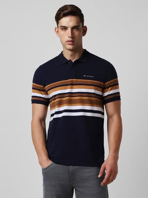 van heusen flex navy cotton regular fit striped polo t-shirt
