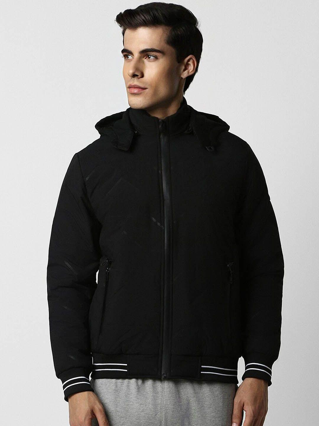 van heusen flex self design hooded bomber jacket