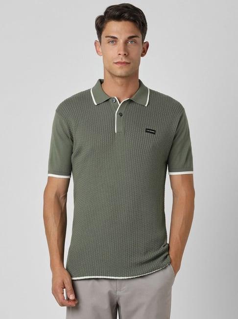 van heusen green cotton regular fit texture polo t-shirts