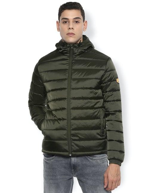 van heusen green regular fit quilted hooded jacket