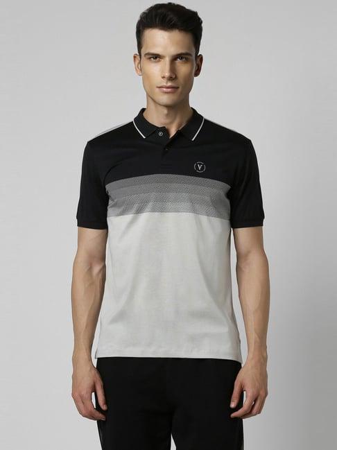 van heusen grey cotton regular fit colour block polo t-shirt