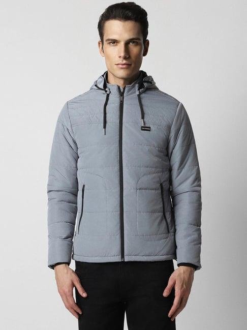 van heusen grey cotton regular fit quilted hooded jacket