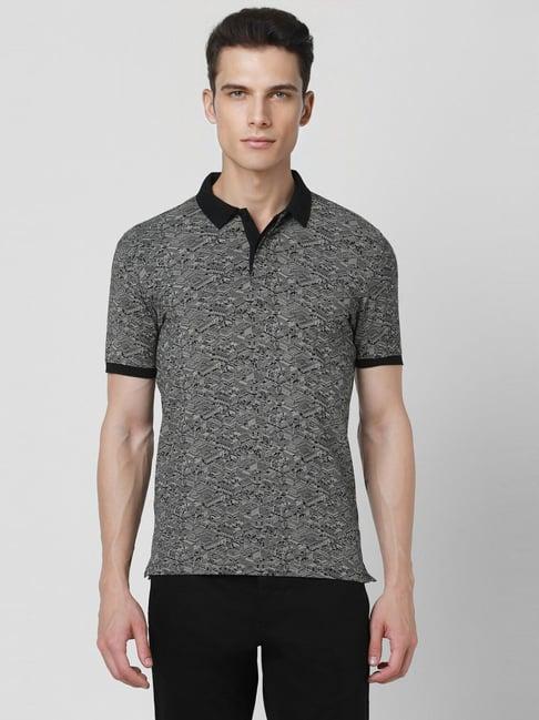 van heusen grey cotton slim fit printed polo t-shirt