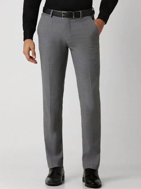 van heusen grey cotton slim fit self pattern trousers