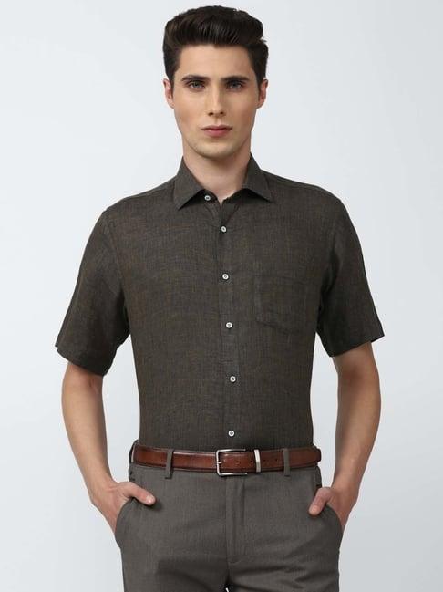 van heusen grey linen regular fit self pattern shirt