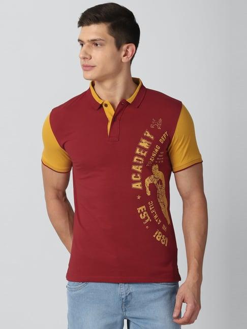 van heusen maroon cotton regular fit printed polo t-shirt