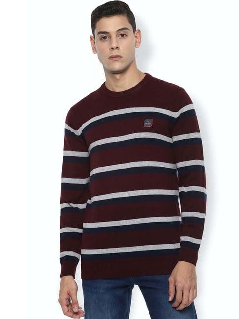 van heusen maroon cotton regular fit striped sweater