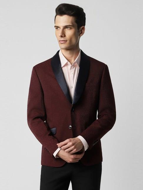 van heusen maroon cotton skinny fit textured blazer