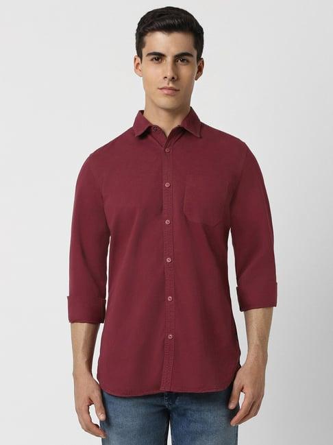 van heusen maroon cotton slim fit shirt