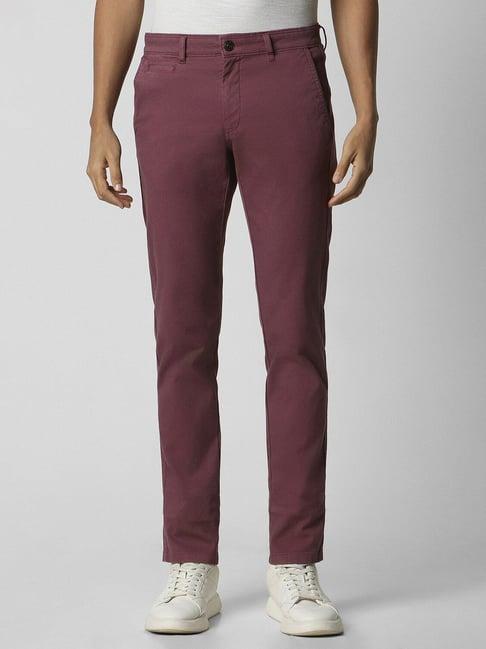 van heusen maroon cotton slim fit textured trousers