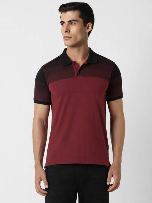 van heusen maroon regular fit colour block polo t-shirt