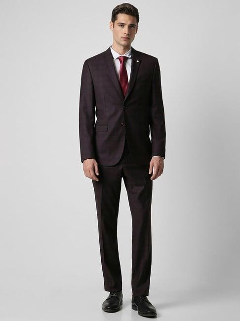 van heusen maroon slim fit checks three piece suits