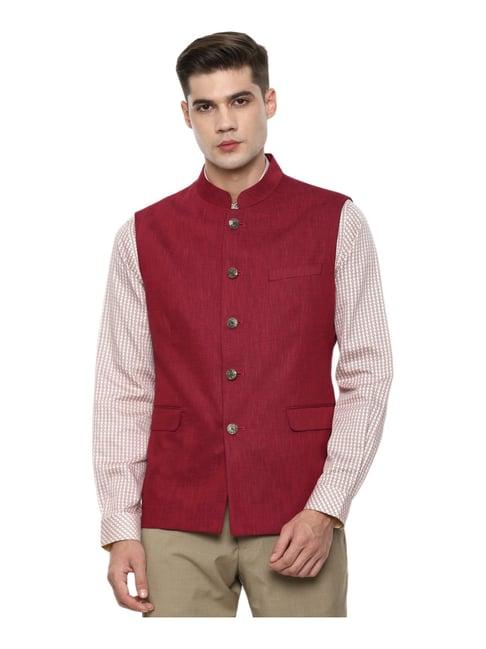 van heusen maroon slim fit self pattern nehru jacket