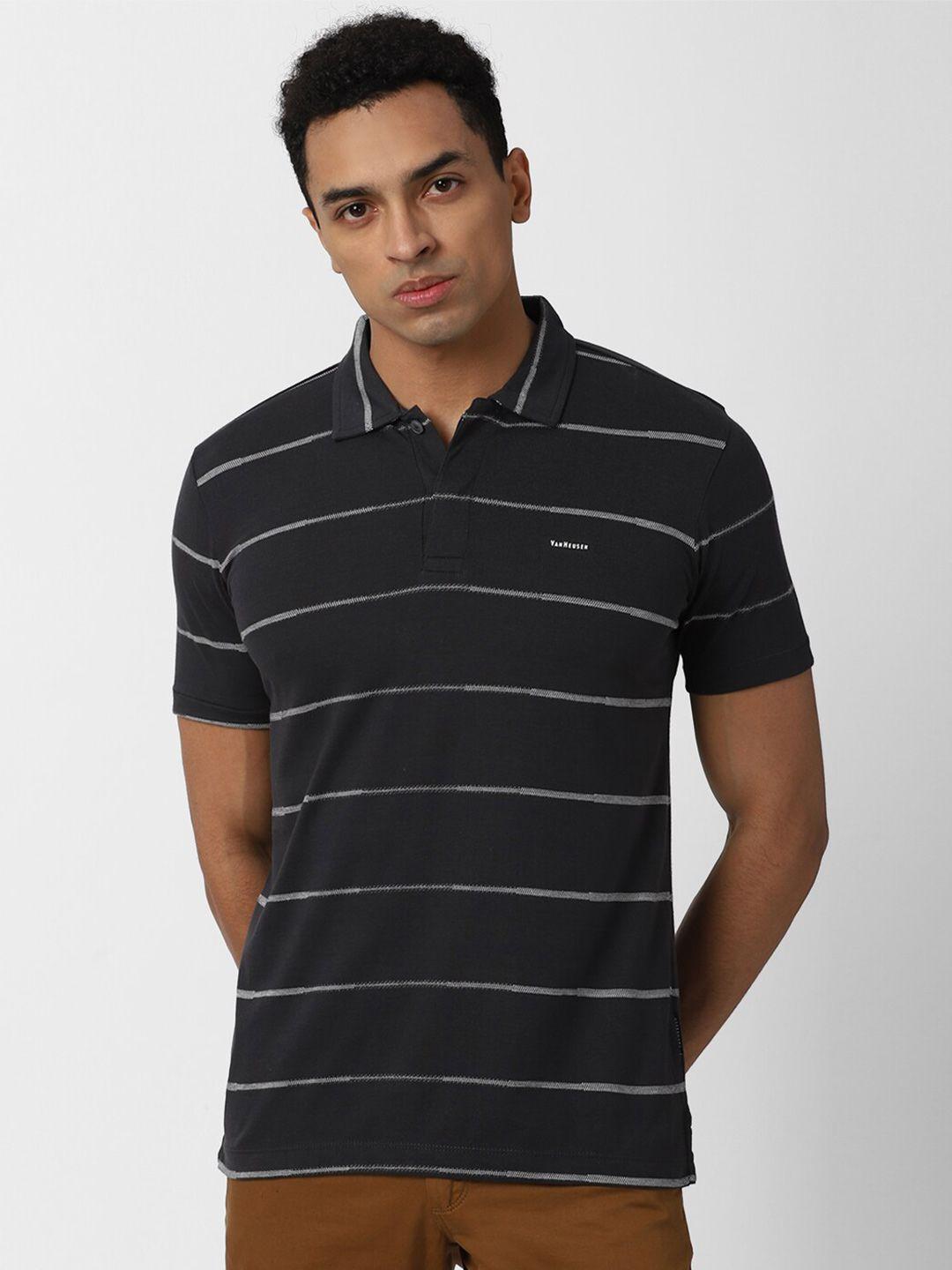 van heusen men black & white striped polo collar t-shirt