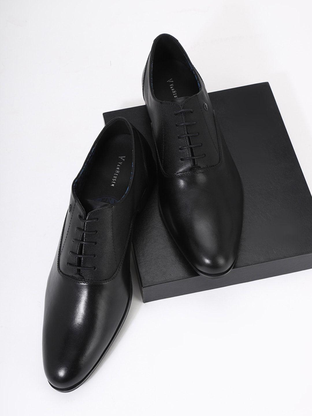 van heusen men black solid leather oxford shoes