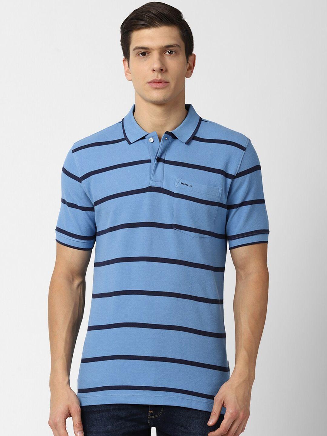 van heusen men blue & black striped polo collar pure cotton t-shirt