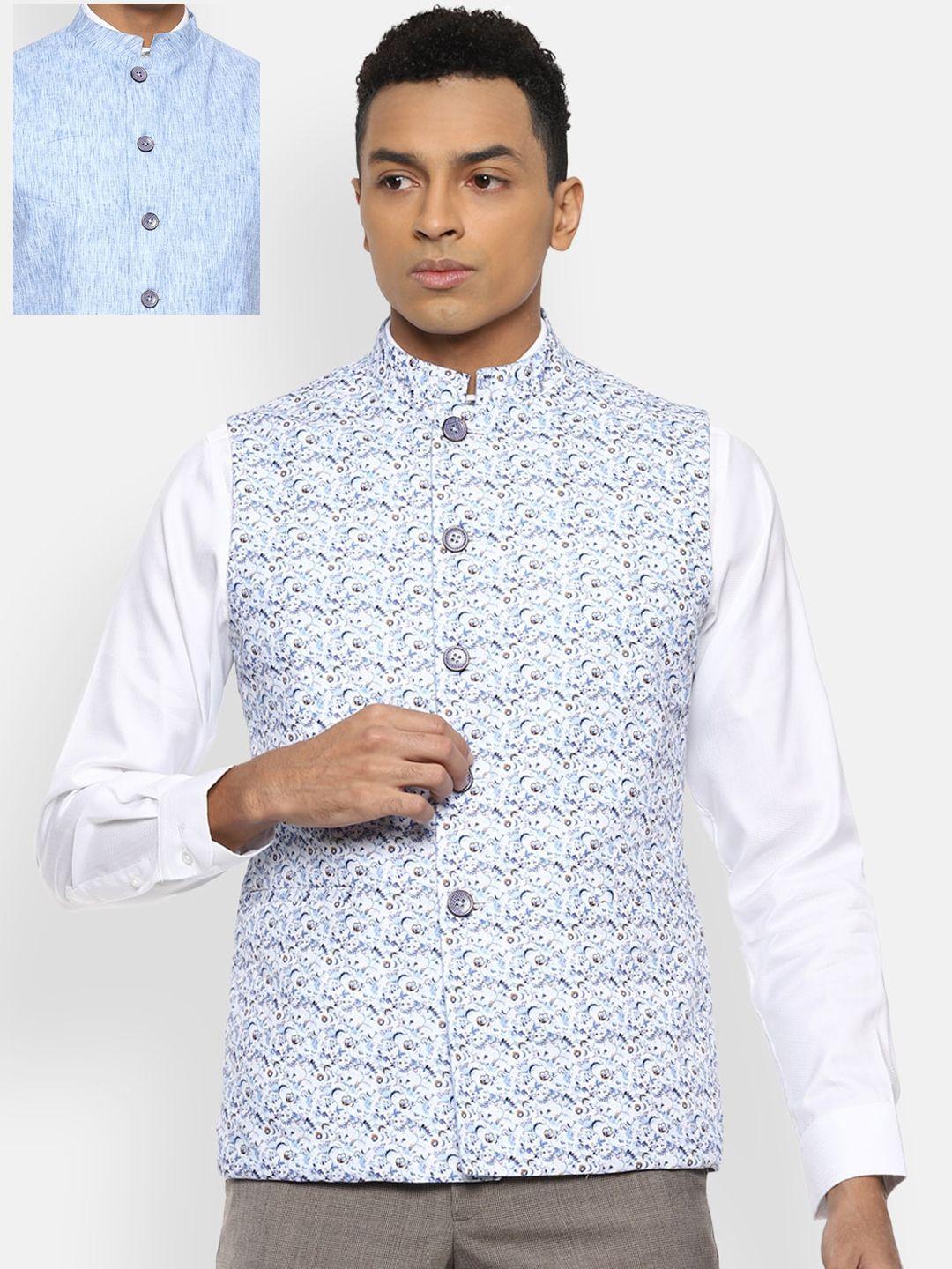 van heusen men blue & white floral printed woven reversible nehru jacket