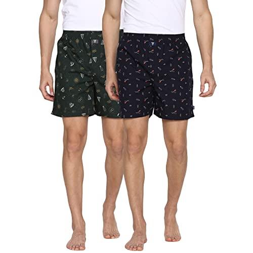 van heusen men boxer shorts - 100% combed cotton - pack of 2 - allover print, side pocket, side slits green, navy blue