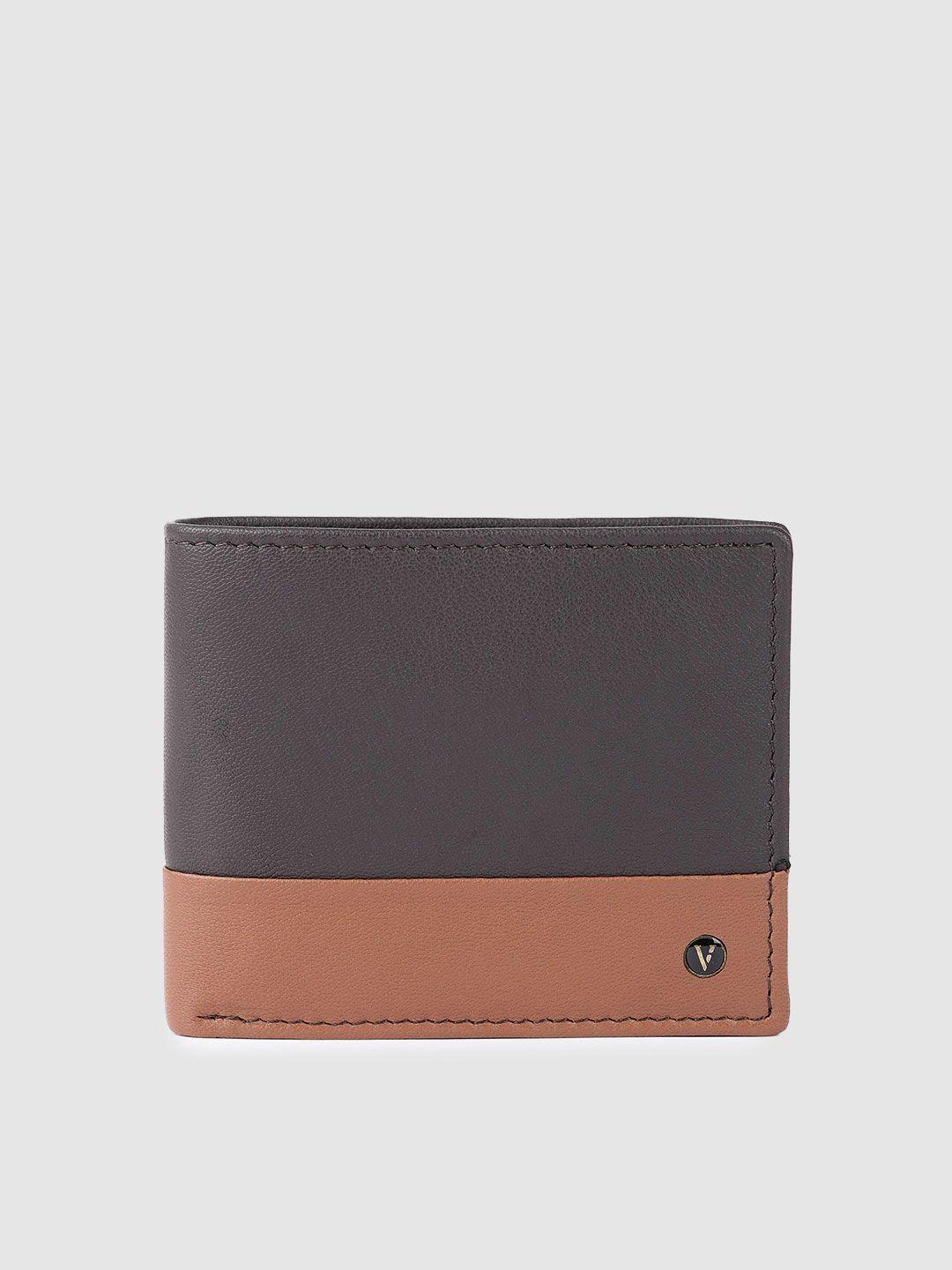 van heusen men brown & charcoal colourblocked leather two fold wallet