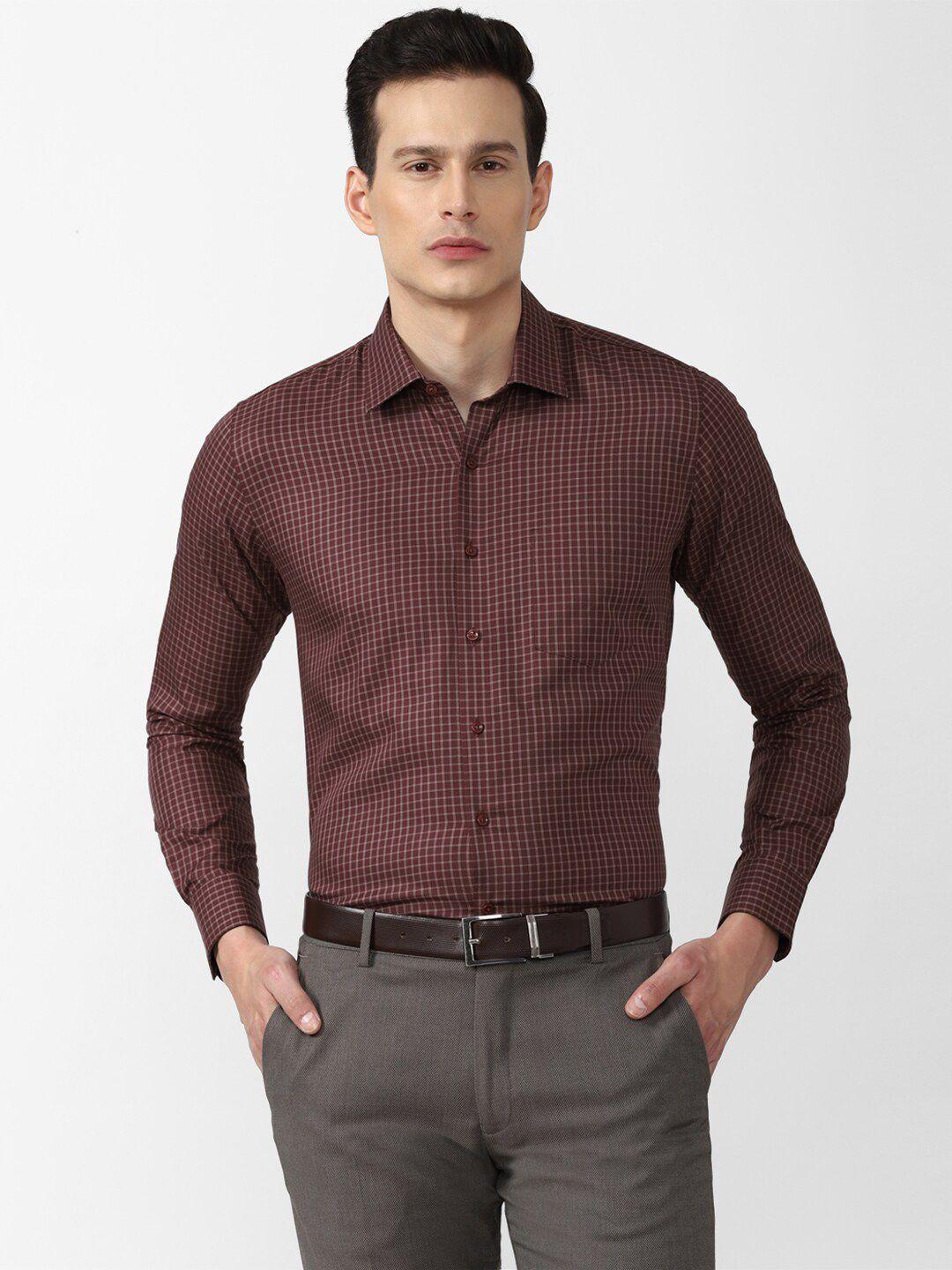 van heusen men brown slim fit grid tattersall checks printed cotton formal shirt