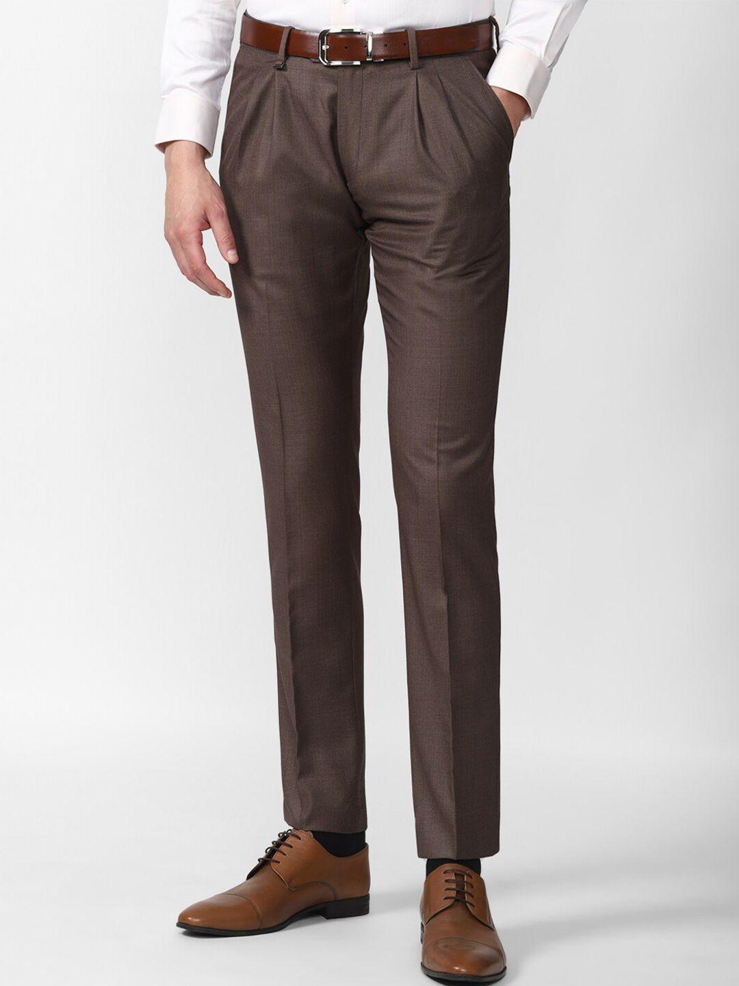 van heusen men brown slim fit pleated formal trousers