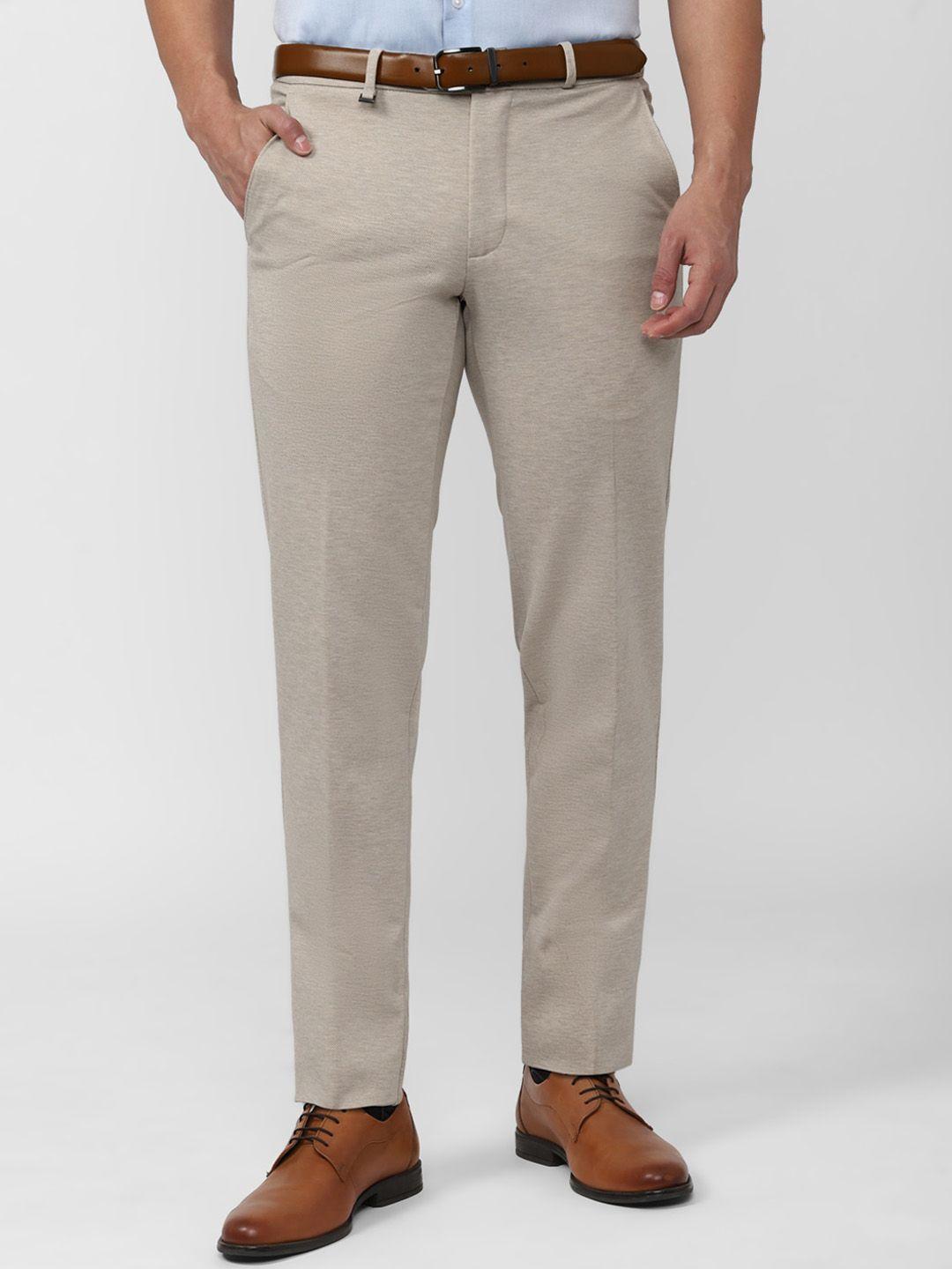 van heusen men cream-coloured textured slim fit trousers