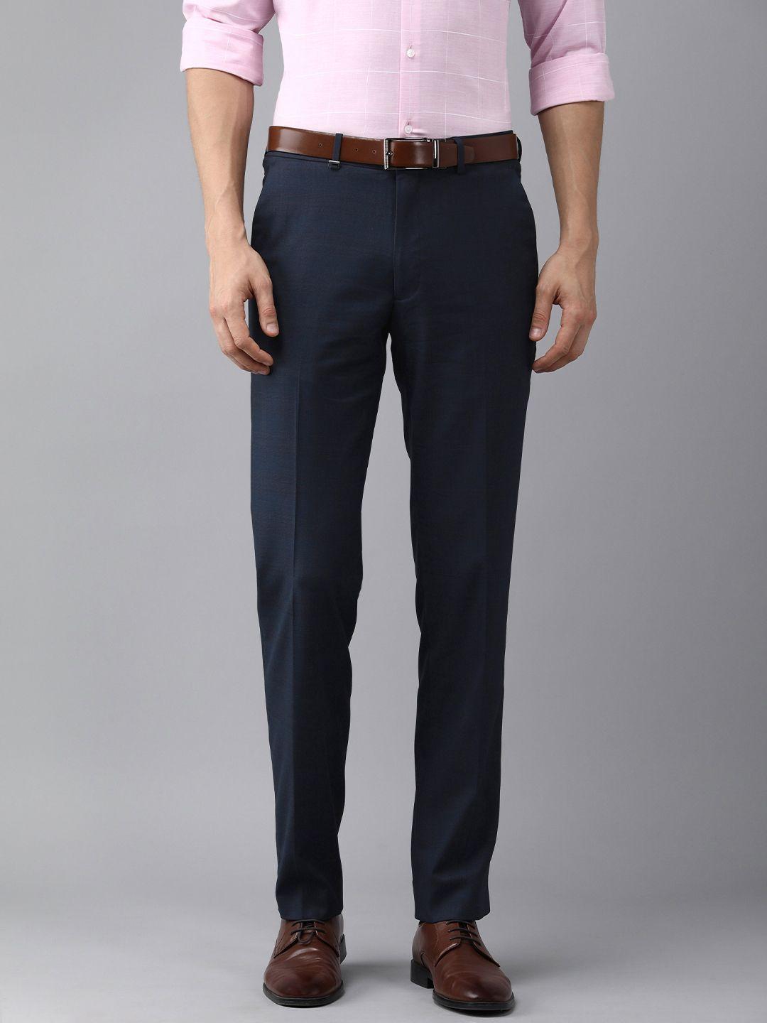 van heusen men navy blue & brown checked slim fit trousers