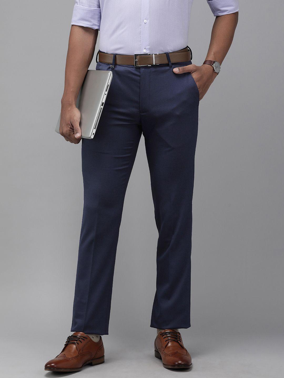 van heusen men navy blue slim fit crop formal trousers