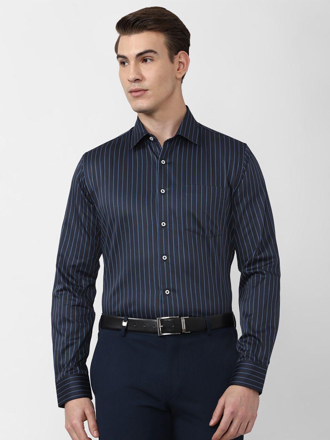 van heusen men navy blue striped cotton slim fit casual shirt