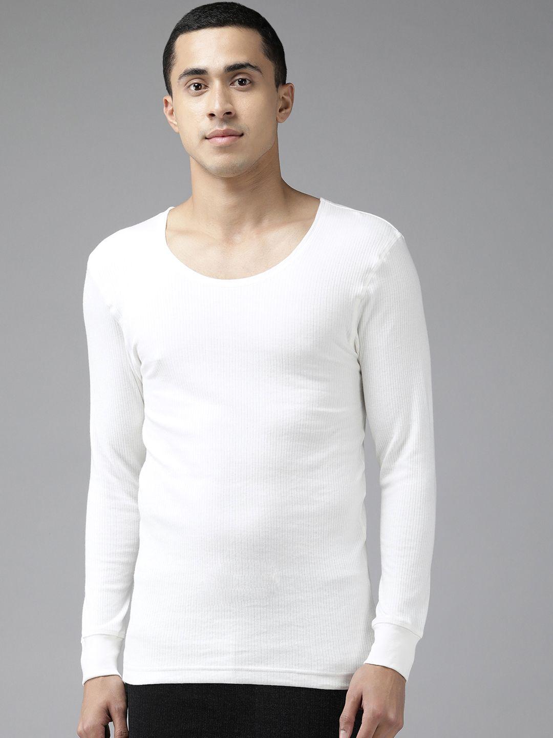 van heusen men off-white solid anti bacterial low neck cotton rich thermal top