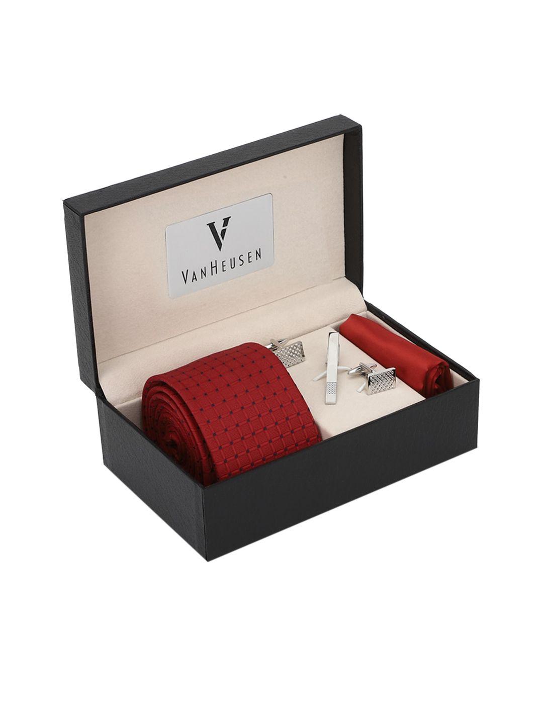 van heusen men red self-design pocket square tie cufflink and tie pin accessory gift set