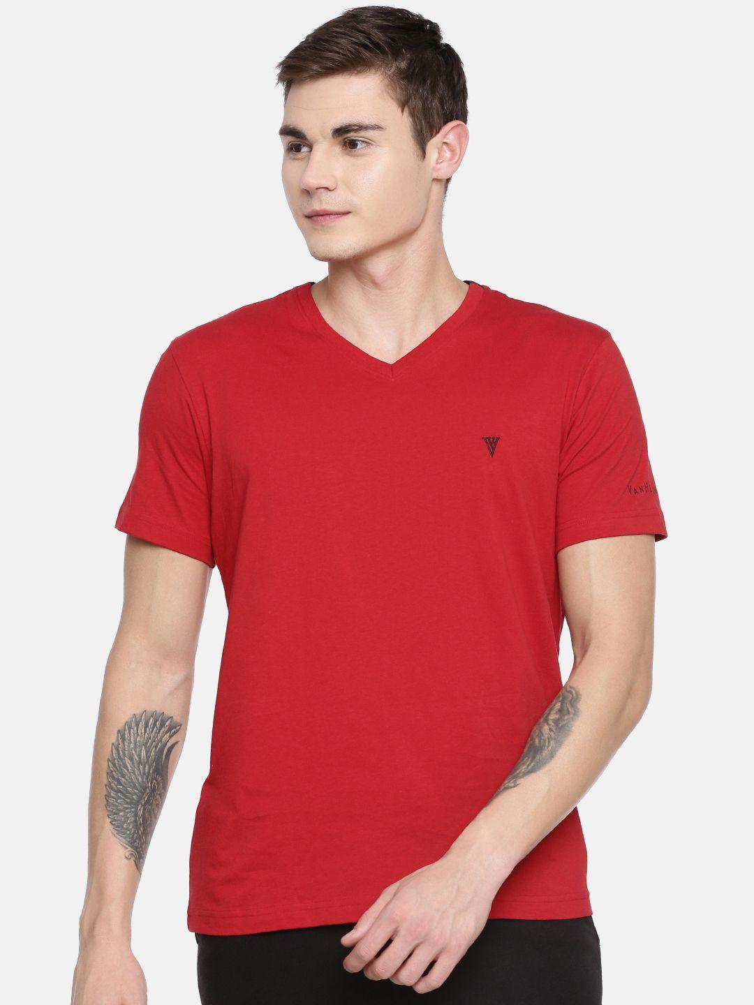 van heusen men red solid v-neck t-shirt