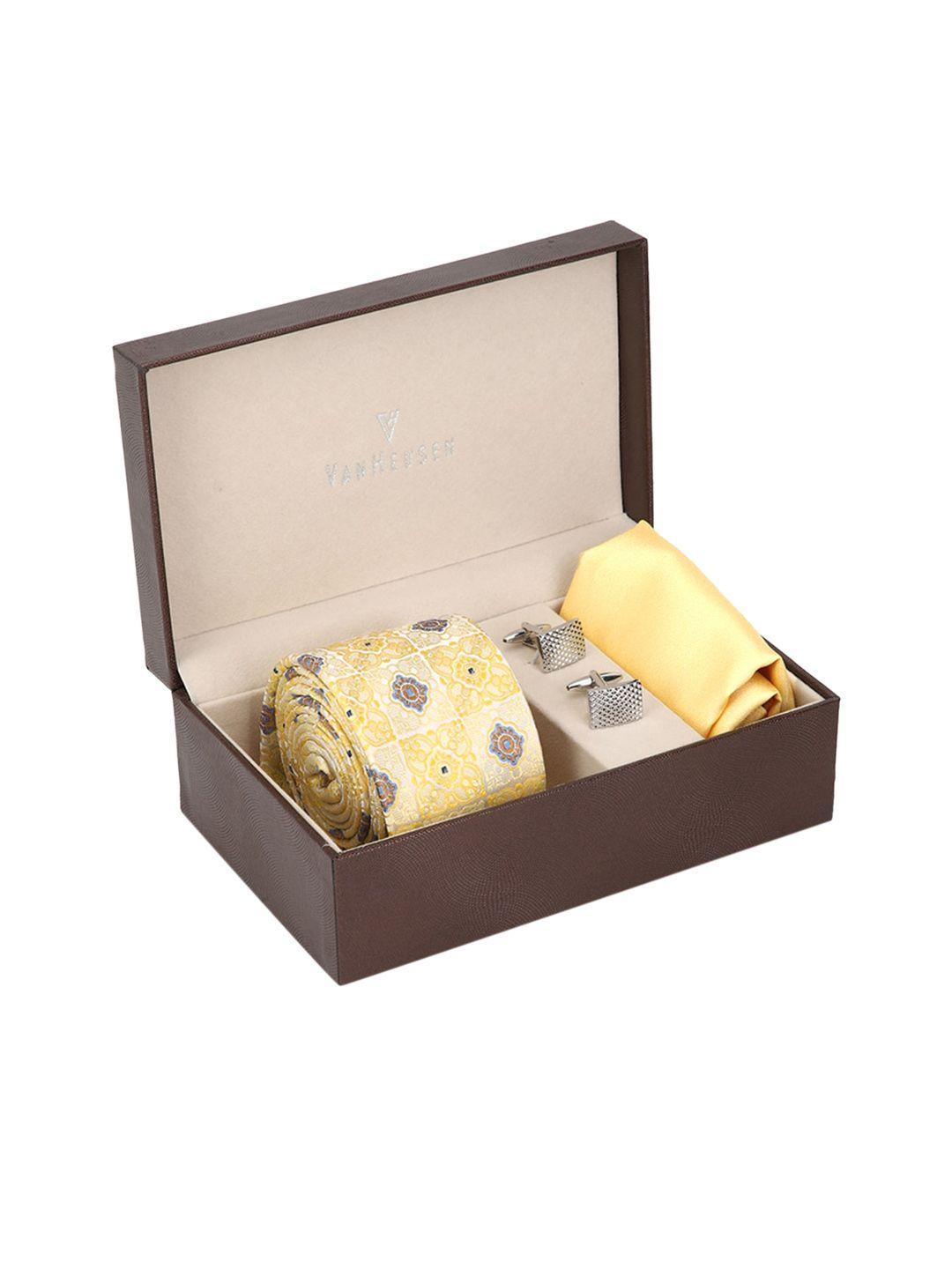 van heusen men yellow & blue printed accessory gift set