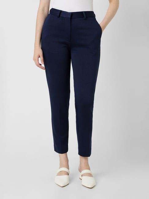 van heusen navy blended regular fit mid rise trousers