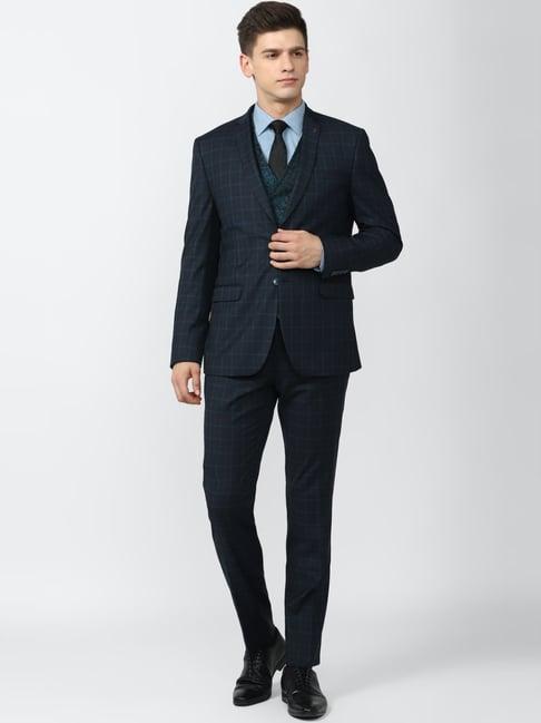 van heusen navy blue slim fit checks four piece suit