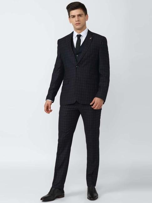 van heusen navy blue slim fit checks four piece suit