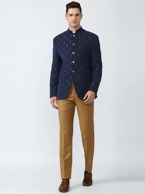 van heusen navy blue slim fit printed two piece suits